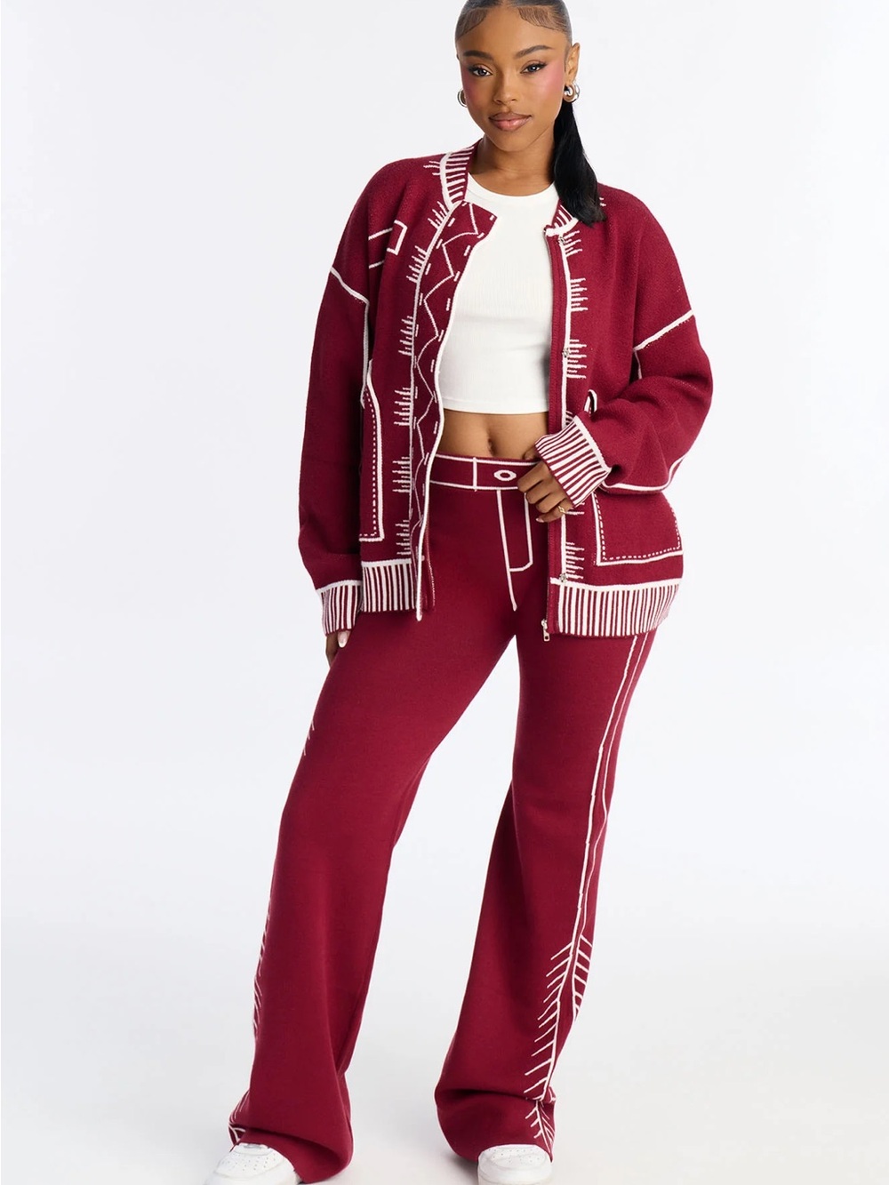 Women’s Knit Wide-Leg Pants in Burgundy with White Trim